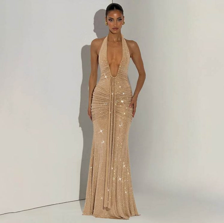 Estelle Ruched Shimmer Halter Gown