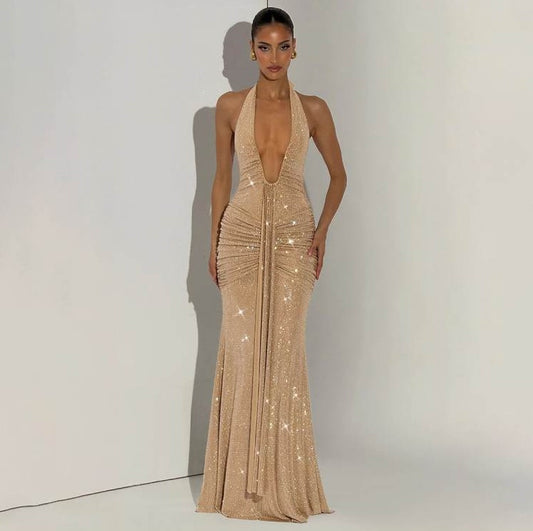 Estelle Ruched Shimmer Halter Gown