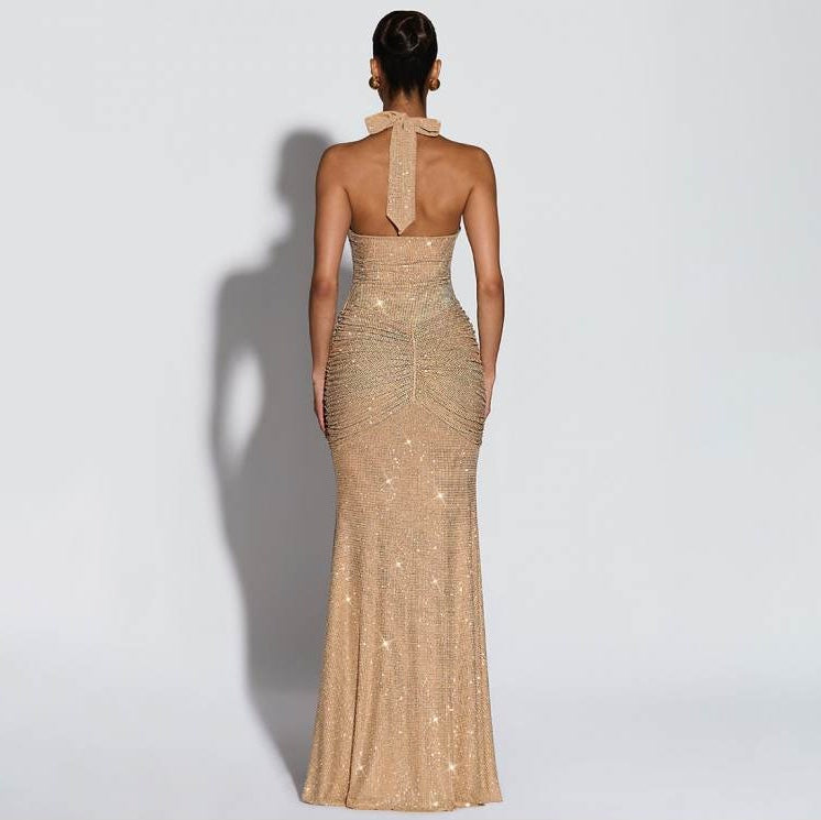 Estelle Ruched Shimmer Halter Gown