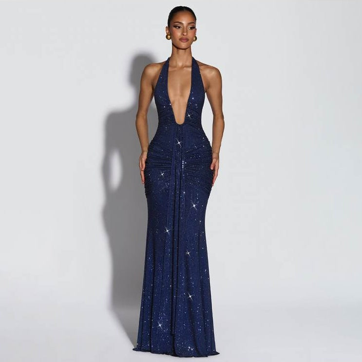 Estelle Ruched Shimmer Halter Gown