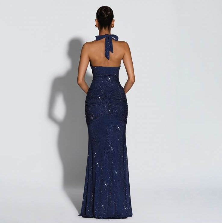 Estelle Ruched Shimmer Halter Gown